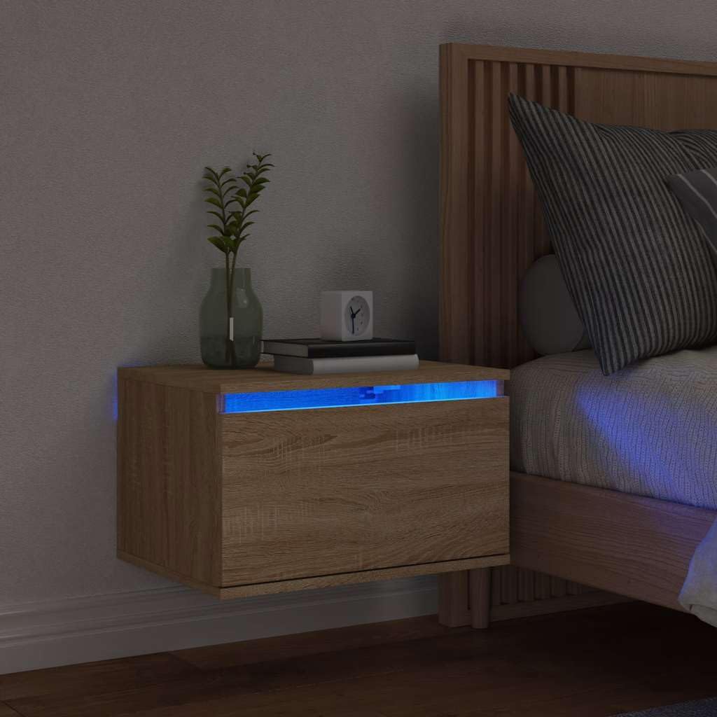 Wandmontierter Nachttisch mit RGB LED Beleuchtung und USB Anschluss, Holzwerkstoff Nachttisch für Stauraum Optimierung und moderne Raumgestaltung