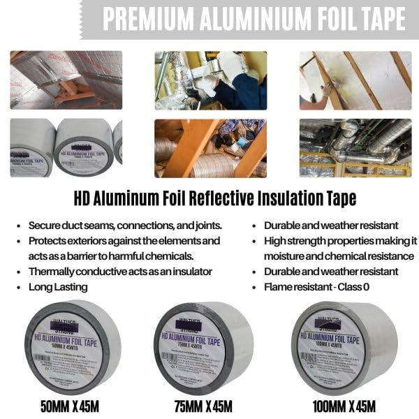 Walther Strong 50mm x 45m Aluminium Foil Tape Insulation Tape For Insulating And Sealing Duct. Easy Tear and Peel Aluminium Tape Heat Resistant Tape. Moisture and Chemical Resistant Tape - Image 3