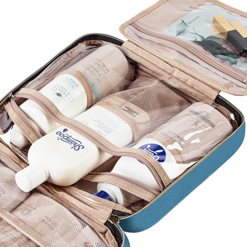 Image of NISHEL Travel Toiletry Bag for women, Portable Hanging Organizer for Full-Sized Shampoo, Conditioner, Brushes Set, Makeup Accessories, Large Size, Lake-Blue