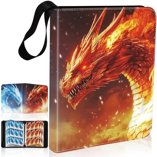 Image of Fire & Ice Dragon 9 Pocket Trading Card Binder Album, Holds 900 Cards with 50 Removable Double-Sided Sleeves, Waterproof PU Leather Zipper Binder for TCG, MTG, Sports Cards