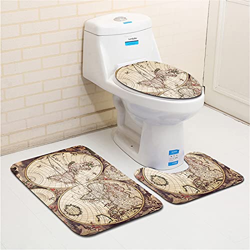 YouTownEU 3-teiliges Badezimmermatten-Set Weltkarten-Druck Weiche Toilettenmatten-Set Badematte Sockel Teppich Deckel… – Bild 3