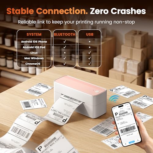Image of Phomemo High-Speed Bluetooth Thermal Label Printer & 500Pcs 4x6 Thermal Shipping Label, Pink Labels Printers for Shipping Package, Compatible with iPhone, Android, Shopify, Amazon, USPS