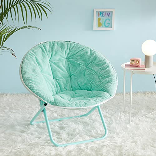 Urban Shop Faux Fur With Holographic Trim Foldable Saucer Chair, Teal #TOP1