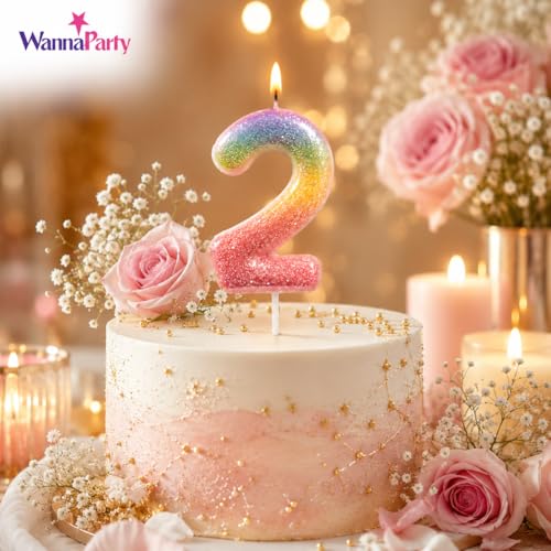 Image of Wanna Party Glitter Colorful 2nd Birthday Candle, Number 2 Cake Candle Cake Toppers for Girl Women, Glitter Colorful Themed Party Decorations Supplies Birthday Gifts