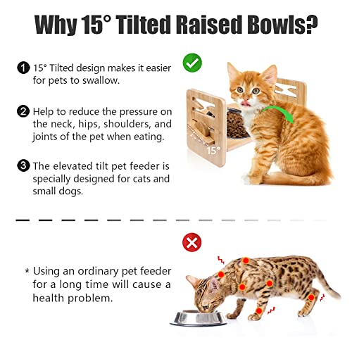 Elevated Dog Bowls, POLTSAK Adjustable Raised Dog Bowl for Small Dogs and Cats, Durable Bamboo Cat Dog Food Bowl Stand… - Image 4