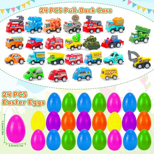 image for vewicokop 24 Pack Prefilled Easter Eggs with Pull Back Cars Toys,Easte