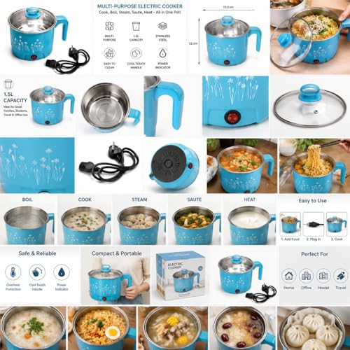 Image of Electric Mini Cooking Pot with Glass Lid & Handle, Multi-Purpose Portable Electric Kettle for Boiling Noodles Soup Milk Tea Eggs, Compact Travel Hot Pot for Home Hostel Office Use (1pcs)