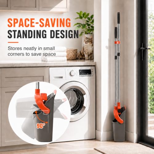 Image of Broom and Dustpan Set, Upgraded Broom with Dustpan Combo Set with 56 inch Tall Adjustable Handle, Self-Cleaning Teeth, Upright Standing Dust Pan for Heavy Duty Indoor Outdoor Cleaning and Pet Hair