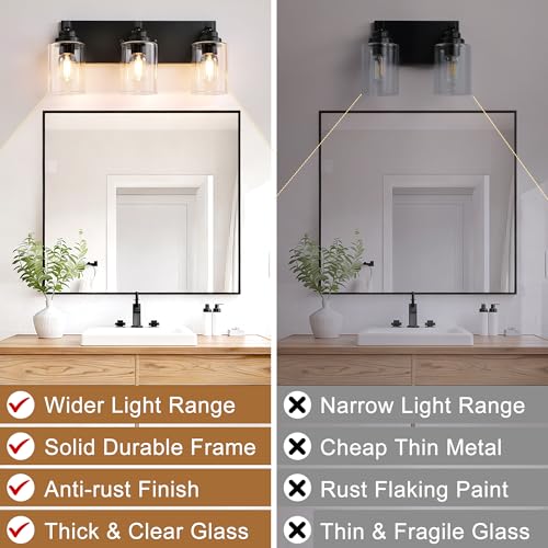 Image of Black Bathroom Light Fixture, 3 Light Matte Black Vanity Light, 18.8 inch Modern Farmhouse Bathroom Lighting Fixtures Over Mirror, with Clear Glass Shade, Vanity Lights for Bathroom, Bedroom, Hallway