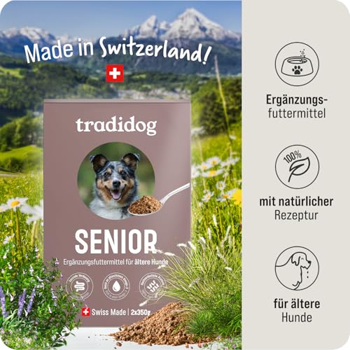 Tradidog Senior Futtertopping - Alternative zu Gelenktabletten, Gelenkpulver, Teufelskralle und Grünlippmuschel Hund - Omega 3 für Gelenk- und Knochenschutz, gegen Arthrose 2x350g, 30-60 Tage Vorrat