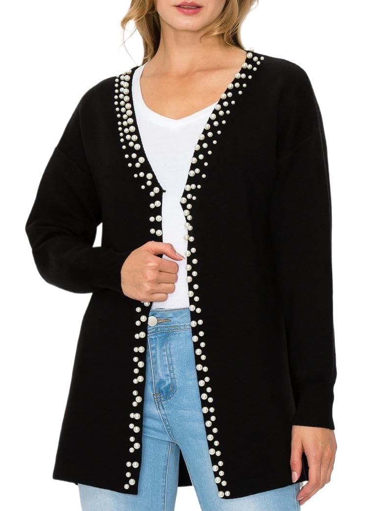 LifeShe Womens Pearls Cardigan Sweaters Long Sleeve V Neck Knit Sweater Loose Open Front Fall Winter Outwear Coats