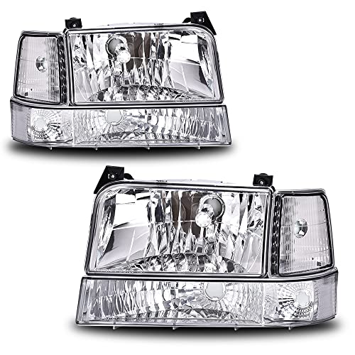 PIT66 Headlights Assembly Compatible with 1992-1996 Ford F150 Bronco Fit 92-97 F250 F350 Headlights with Corner Signal Bumper Lamps Clear Lens Chrome Housing Clear Reflector