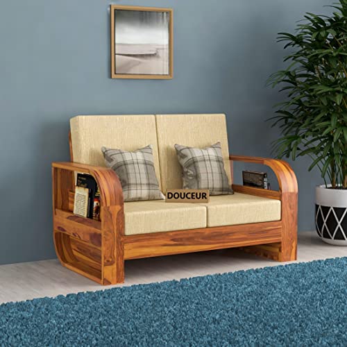 Image of Douceur Furnitures Solid Sheesham Wood 2 Seater Sofas | Two Seater Sofa for Living Room, Cafe, Office | (Honey Teak Cushion Beige)