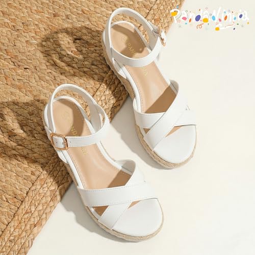 Image of PANDNAINJIA Girls Sandals Wedge Platform Heels Dress Shoes | Little Big Kids Girl Cross Strap Sandal Adjustable Espadrille Flatform Lightweight Flower Wedding Party Shoes