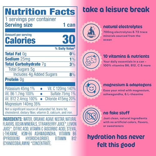 Image of Leisure Hydration Non-Carbonated Electrolyte Refresher, Four Flavor Variety Pack - Low Sugar Nutrient Enhanced Water Beverage - Get The Best Hydration Packed w / Magnesium & Ashwagandha For Mood & Stress Support, Non-GMO, 16 oz (12-Cans)