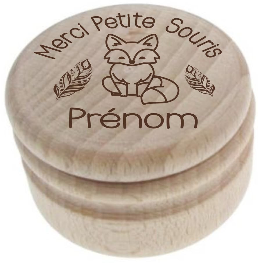 Gravure Events Boîte à Dents de Lait en Bois Naturel – Gravée avec le Prénom et un Dessin de Renard – Cadeau Doux et Authentique pour Bébé ou...