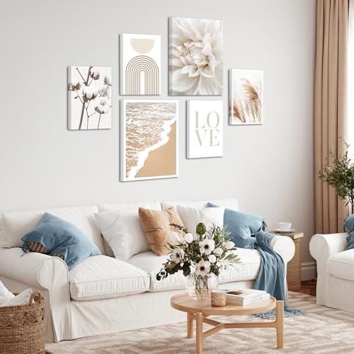 Miniatura 4 de 6 Pcs Beige Love Flores Juncos Marco De Madera Cuadros Decoracion Salon Set, Estética Blanco Floral Plantas Cuadros Pintura Lienzos Decorativos Costa Dormitorio Oficina Murales Decoración De Pared