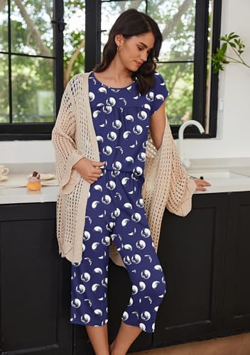 Image of Ekouaer Womens Pajama Set Short Sleeve Sleepwear Pleated Floral Pjs Set Capri Pants Lounge Sets with Pockets S-XXL