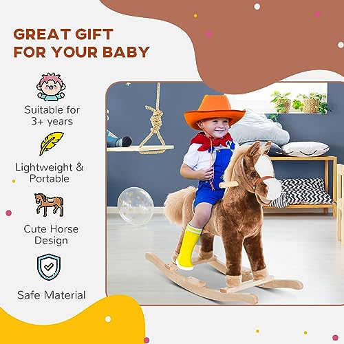 image for Qaba Kids Rocking Horse, Plush Toddler Rocker, Wooden Base Ride-On Toy