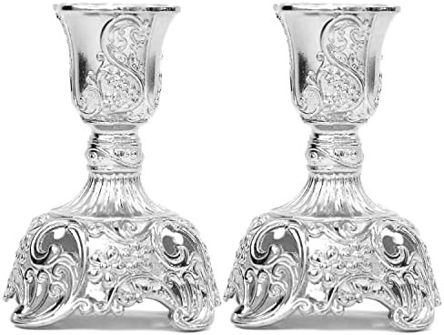 Ateret Judaica Silver Candlestick Holders Set of 2 Taper Candle Holders with Deluxe Engraved Design, Set of 2 Elegant Silver Candlestick Holders (Silver)