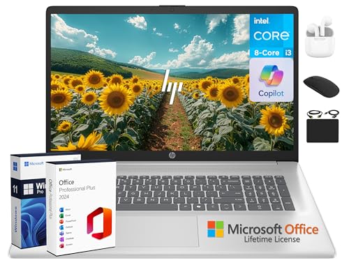 HP 17 Business Laptop, 17.3' HD+ Computer, Lifetime MS Office 2024, Copilot AI, 8-Core Intel i3 CPU, 16GB RAM, 1TB Storage (500GB SSD + 500GB Ext), Wi-Fi 6, HubxcelAccessory, Long Battery, Win 11 Pro