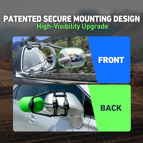 Image of MG91 Dual-Arm Towing Mirrors for Trucks, SUVs, RVs & Trailers | Fluorescent Green finish with two securing straps and a rubber strap to help reduce vibration and keep mirrors steady.