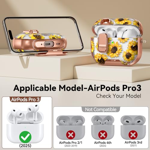 Image of for AirPod Pro 3 Case 2025, with Safty Lock & Phone Stand for Floral AirPod Pro 3 Generation Case Cover for Women Girly, iPod Pro 3 Cases with Keychain & Cleaner Kit - Yellow Sunflower