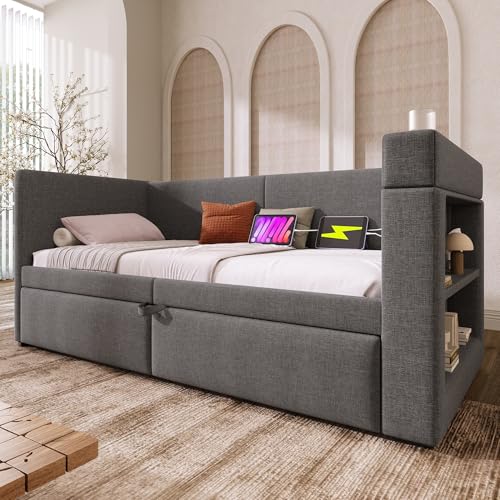 DACHETOU Cama de día tapizada con cama nido 90/180 x 200 cm, gris, sofá cama individual, reposabrazos con soporte para bebidas, tejido de mezcla de lino, sin colchón