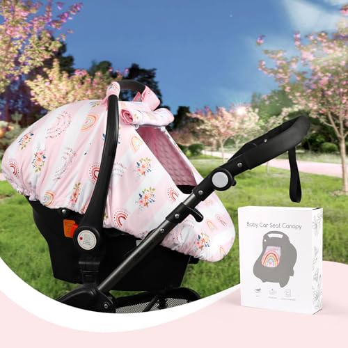 Image of Pea Pod Car Seat Cover Baby, Infant Car Seat Canopy Covers for Newborn with 2 Layers Windows of Breathable Mesh Fabric, Lightweight Polyester /Soft Minky Dot Backing (Floral & Rainbow)