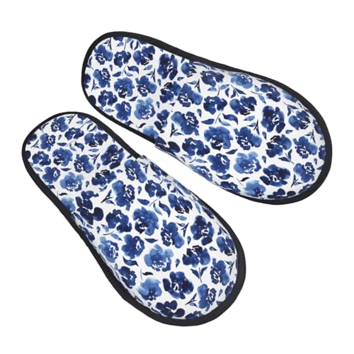 Blue Ink Flowers Print Women Slippers Home Furry Shoes Keep Men Couples Shoes Warm For Women-2
