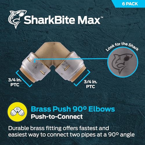 Image of SharkBite Max 3 /4 x 3 /4 in PTC 90-Degree Elbow, Pack of 6, Push-to-Connect Brass Plumbing Fitting, UR256