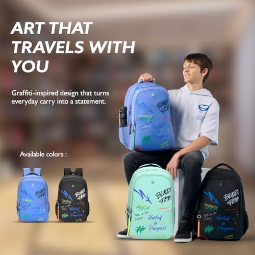 Image of United Colors of Benetton Unisex High-School Backpack GRAFFITI - Green | 3-Compartment Large Capacity Bag with All-Over Print | Backpack for School Girls and Boys| 37L Capacity