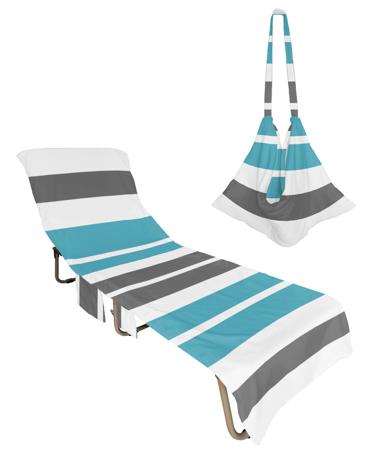 Blue Grey Striped Beach Lounge Chair Towel Cover, Soft Chaise Lounge Towel with Side Pockets Patio Pool Chairs Cover for Beach/Pool Sunbathing 29x85 Gray Modern Abstract Art