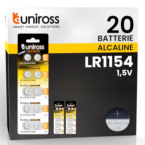 20 pilas de botón LR1154 AG13 LR44 para relojes, termómetros digitales, juguetes, calculadoras – Uniross pilas alcalinas 1,5 V pequeñas y delgadas de larga duración de alta calidad