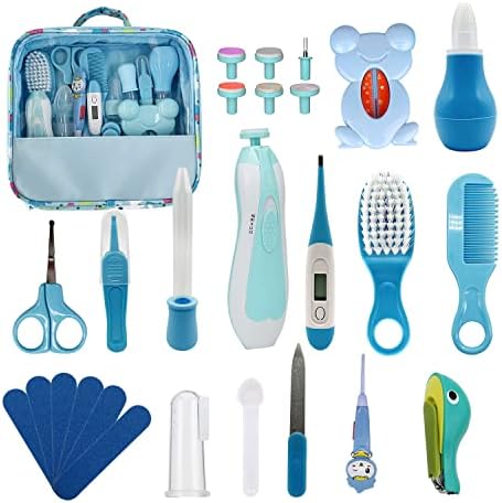 Baby Healthcare and Grooming Kit, 26 in 1 Baby Electric Nail Trimmer Set Newborn Nursery Health Care Set for Newborn Infant Toddlers Baby Boys Girls Kids Haircut Tools (Blue 26 in 1)