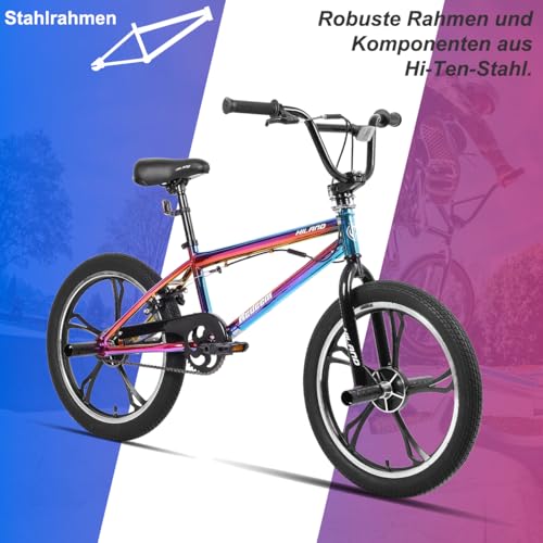Hiland 20 Zoll 5 Speichen Kinder BMX Fahrrad für Jungen Mädchen ab 7 8 9 10 Jahre alt, 360 Grad Rotor Freestyle, 4 Pegs Single Speed Kinder BMX Fahrrad Regenbogen