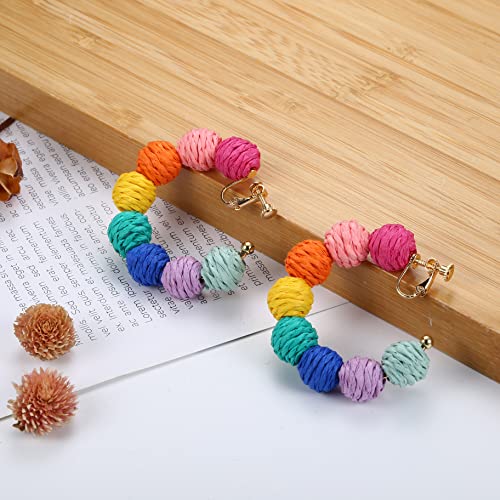 Fasacco Clip On Raffia Earrings Colorful Clip Hoop Earrings Beach Summer Clip On Earrings Cute Boho Rattan Earrings #TOP6