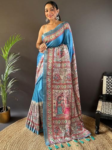 Image of Panzora Women's Tussar Silk Madhubani Printed Saree With Unstitched Blouse Piece