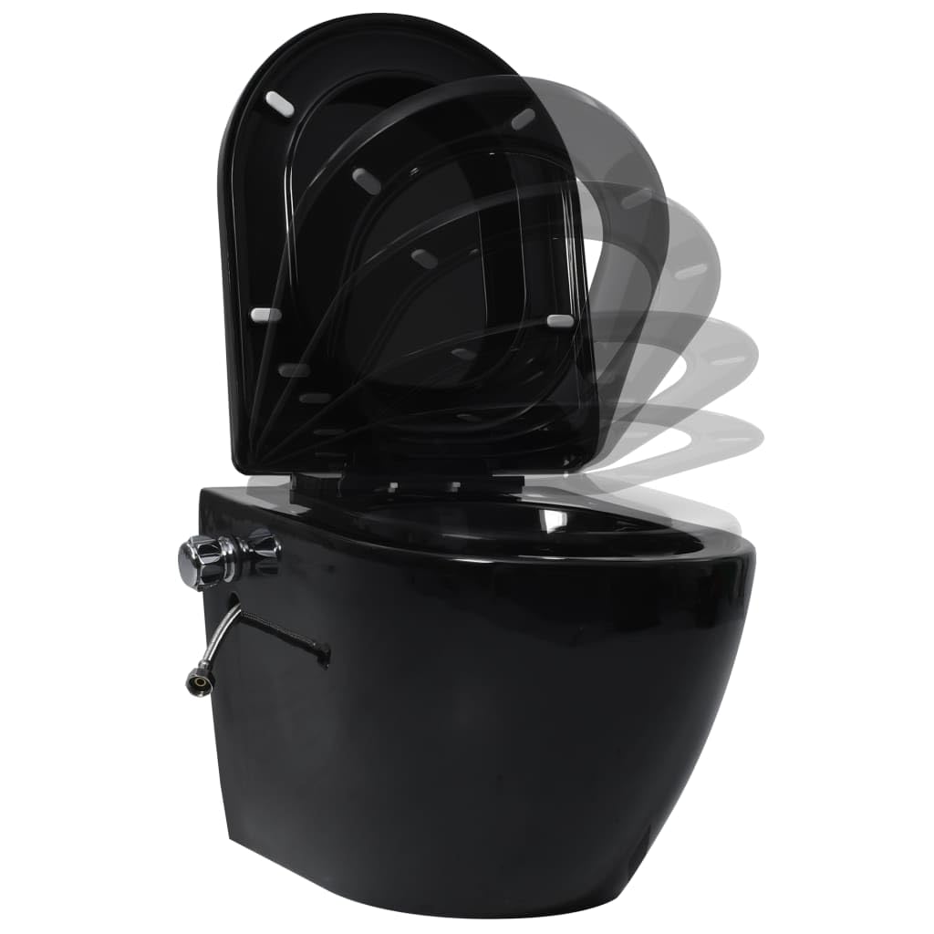 Inodoro suspendido sin borde con tanque oculto negro cerámica, doble caza 3/6L, cierre suave, boquilla bidé integrada, superficie fácil de limpiar, aislamiento acústico,
