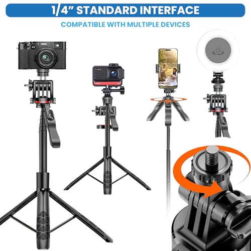 Image of Kratos 70 inch / 180 CM Long Selfie Stick, Pop Up Auto Open Tripod 360 Rotatable, Long Extendable Bluetooth Mobile Tripod with 1 /4 inch Screw for Mobile Phone Camera Gopro Vlogging YouTube Travel