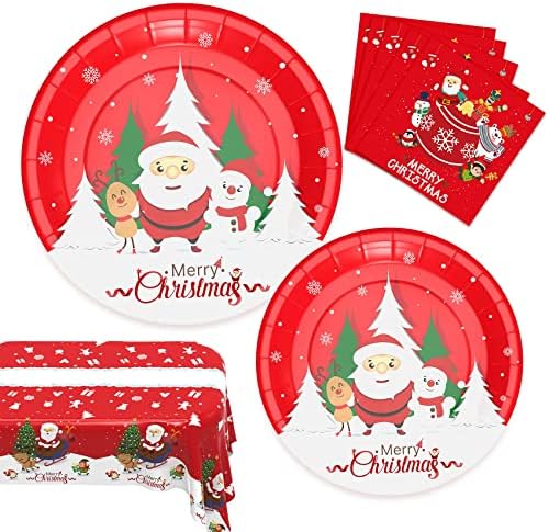 Btmooz Christmas Decorations, Christmas Party Supplies, Christmas Plates, Christmas Party Plates Dinnerware Disposable Set Includes Christmas Paper Plates and Napkins, Christmas Tablecloth, Serves 24