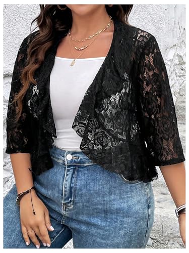 WDIRARA Women's Plus Size Open Front Ruffle Hem Crop Lace Jacket 3/4 Sleeve Sheer Outerwear4