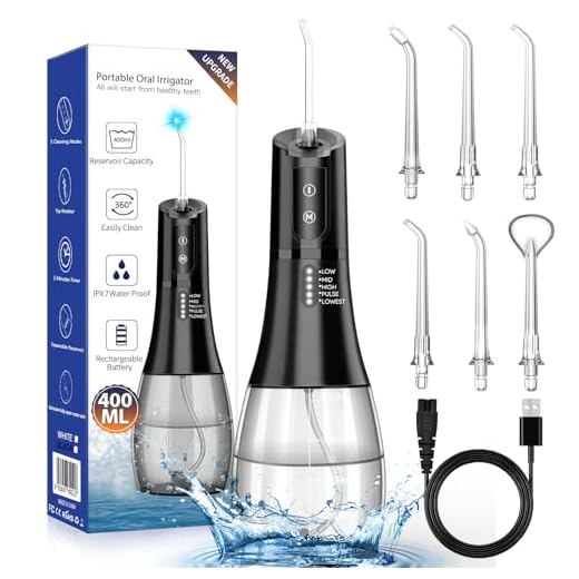 Irrigador Bucal Portatil Profesional irrigador dental - con 6 Boquillas 5 Modos 400ML IPX7 Impermeable Limpieza Dientes, USB Recargable irrigador dental electrico para Viajar y Uso Doméstico