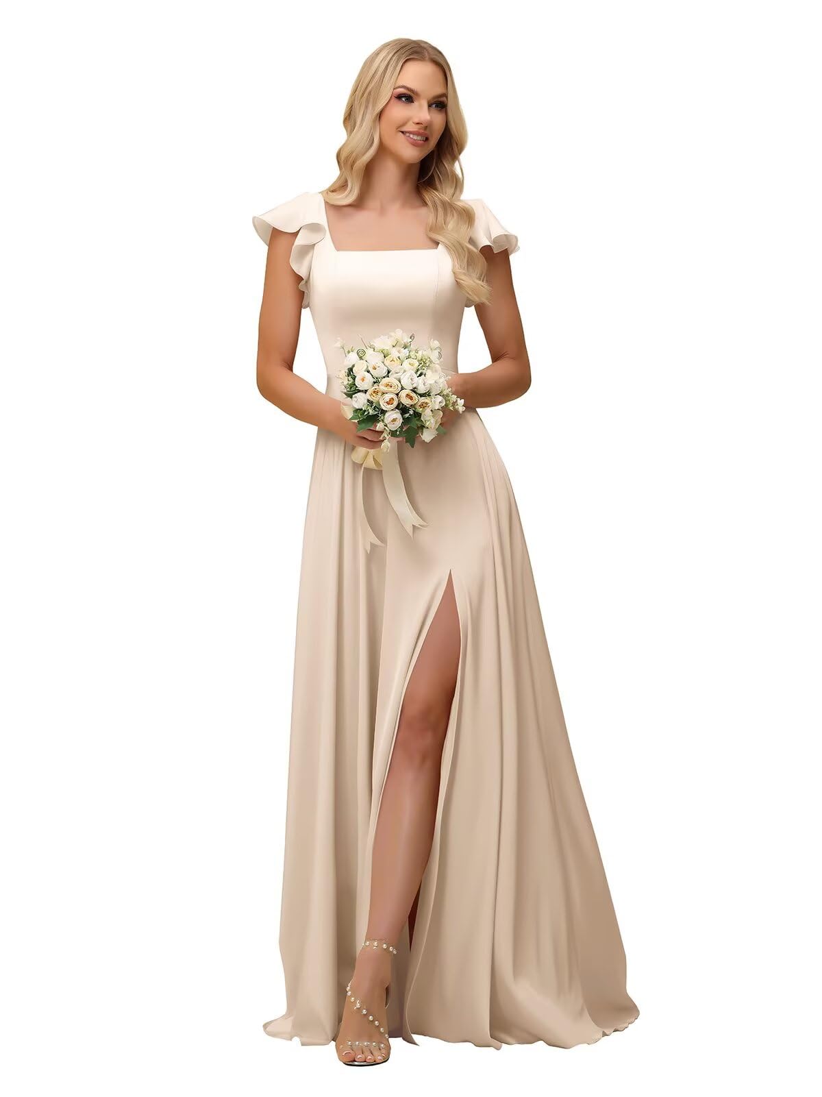 Photo 1 of Xijun Square Neck Satin Bridesmaid Dresses for Women Ruffled Sleeve Long Prom Dress Champagne Pleated Wedding Guest Formal Gowns Size8