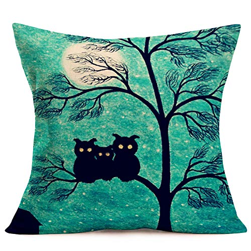 Aremetop Halloween Throw Pillow Cushion Cover Halloween Night Animal Black Cat Owl Bat Crow And Tree Branch Leaves Cotton Linen Throw Pillow Case 18’’X18’’ Decorative Square Pillowcases Set Of 4 #TOP2