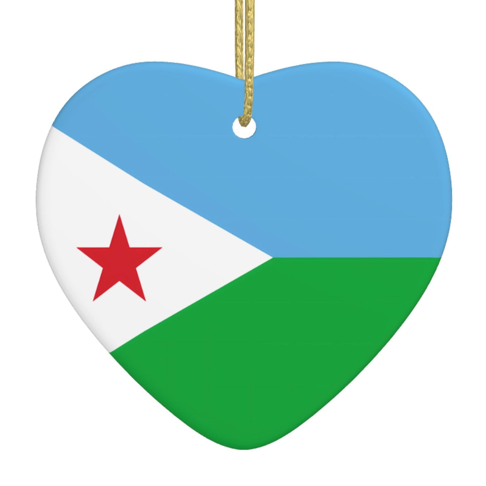 Flag of Djibouti Ceramic Christmas Heart Pendant with Silk Thread, Christmas Tree Home Decoration