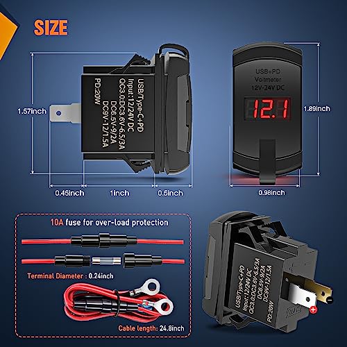 Image of Nilight Rocker Switch Style PD Type C and USB Outlet LED Voltmeter | Red LED Quick connector 12V QC 3.0 Cars Charger Replacement with Inline Fuse for Switches Panel on Boats RV Truck Car