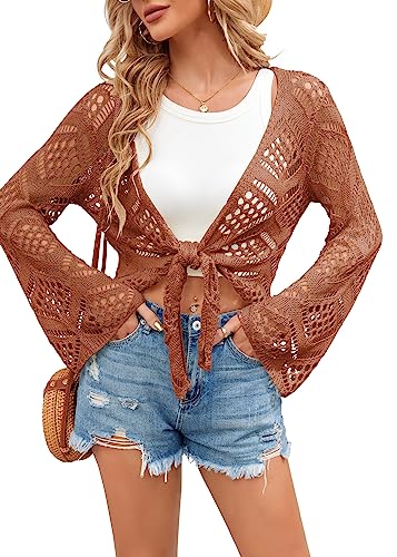 SUNMMWERY Damen Sommer Boho Tops Sheer Crochet Coverup Strandfein Badeanzug Cover Ups Shrugs Crop Bademode Outfits, Ziegelrot, S