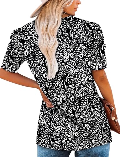 KISSMODA Tops for Womens Summer Cute Short Sleeve Shirts Trendy Notched Neck Blouses Casual Loose Pleated Tunics S-3Xl