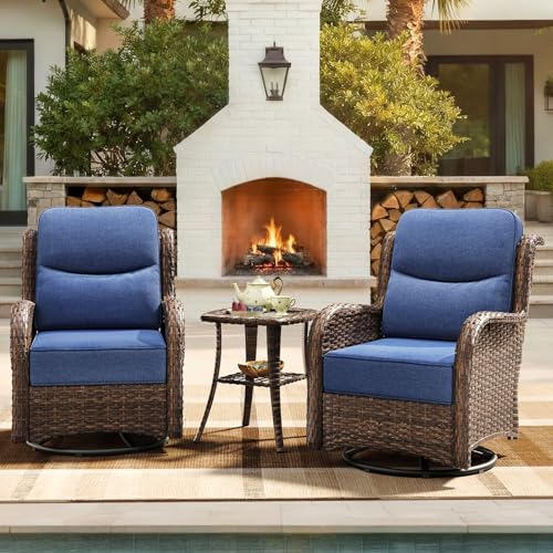 HILLGA Luxury Outdoor Swivel Rocker Patio Chairs of 2 with 6 Inch Thick Cushions and Side Table, Swivel Outdoor Chairs 3PCS High Back Wicker Patio Furniture Set for Porch, Balcony, Deck in Blue